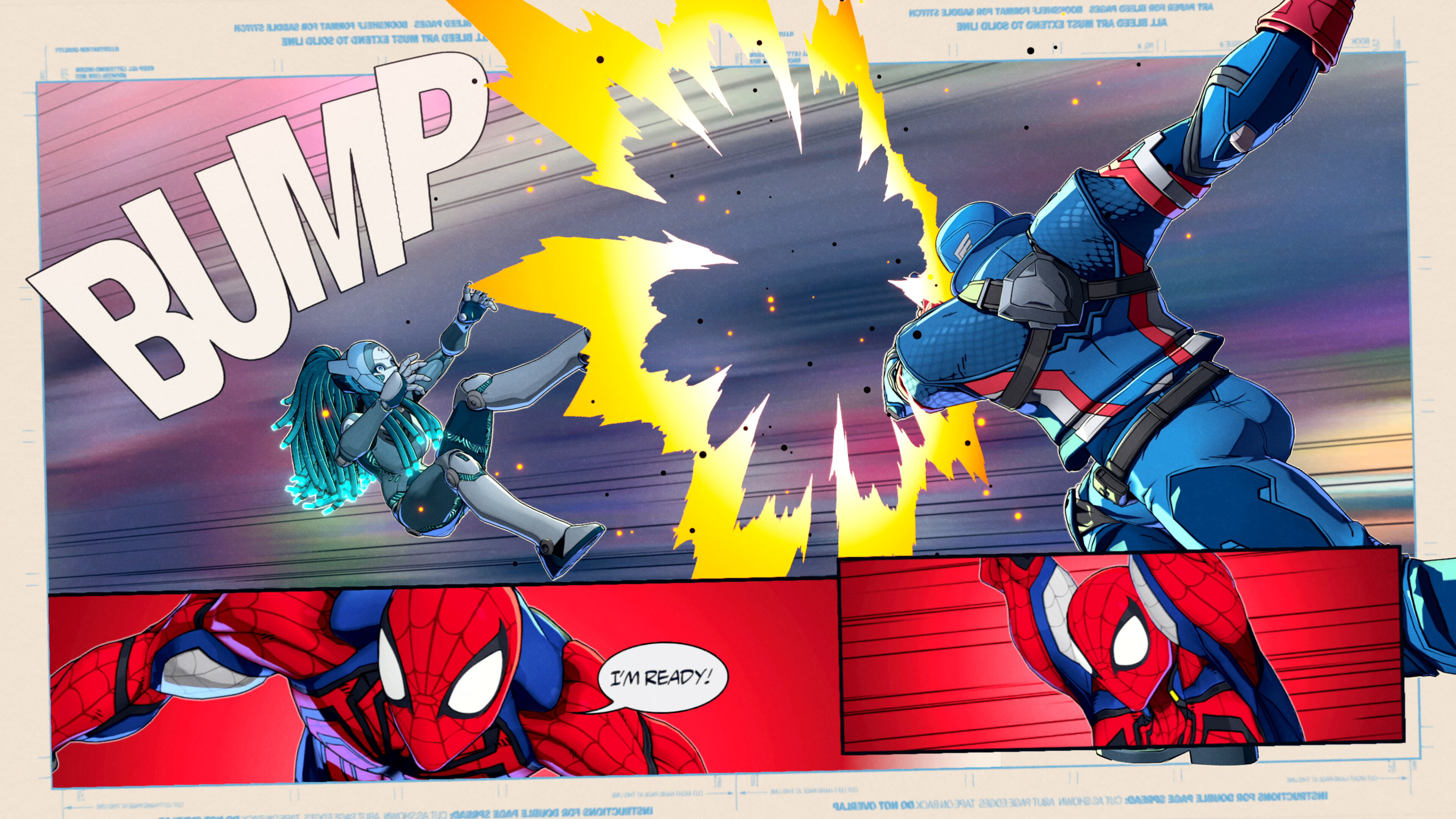 Marvel Tokon comic-style team battle with Captain America, Spider-Man and an assist call