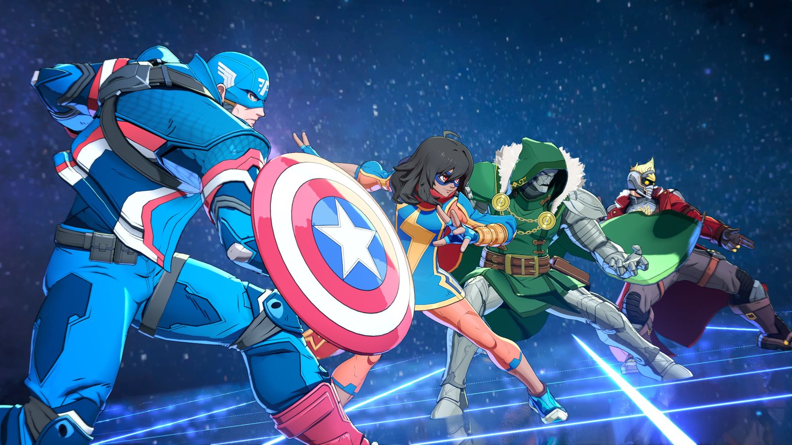 Marvel Tokon: Fighting Souls team battle featuring Captain America, Ms. Marvel, Doctor Doom and Star-Lord